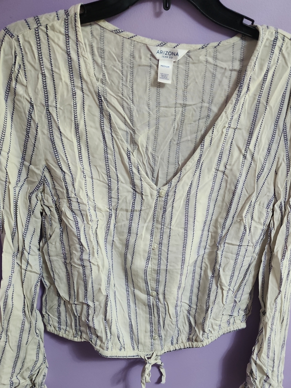 Arizona Jean Company Cream and Blue Striped V-Neck Drawstring Blouse